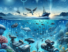 AquaSonicAI, a company that is redefining underwater exploration with its deep learning platform for acoustic signal recognition. The image captures an advanced underwater scene, featuring a mix of marine life and high-tech equipment like sonar arrays and autonomous underwater vehicles (AUVs), all integrated into a network of digital signals and data streams. This visualizes the company's innovative approach to merging marine biology with cutting-edge AI technology.