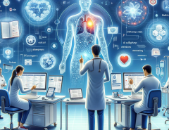 MediSummaryAI, a company utilizing AI to revolutionize patient care by providing clinicians with efficient discharge summaries. The image portrays a high-tech, modern healthcare setting where clinicians interact with advanced AI systems. It visualizes the integration of technology in healthcare, emphasizing the enhancement of patient care and clinician efficiency.